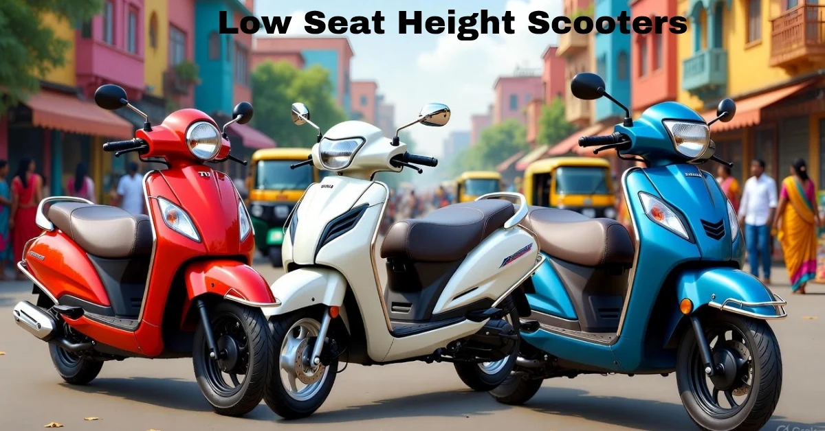 3D render of low seat height scooters for short riders women India 2025: TVS Scooty Pep+, Honda Activa, and Bajaj Chetak EV on urban street with sari guards.