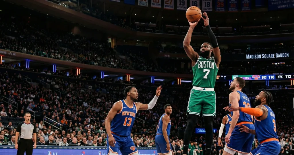 Jaylen Brown shooting jump shot against New York Knicks defense at MSG
