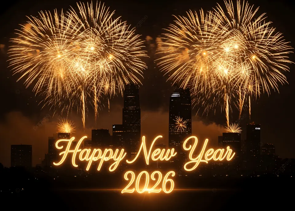 Vibrant fireworks exploding over city skyline forming 2026 for Happy New Year 2026 AI prompts, midnight celebration ultra realistic