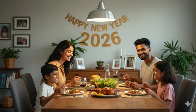 Warm family hugging in cozy living room with 2026 balloons and fireplace, Happy New Year 2026 AI family celebration