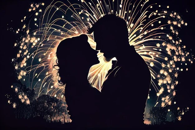 Romantic couple sharing midnight kiss under exploding fireworks for Happy New Year 2026, passionate AI image