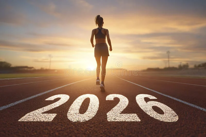 Inspiring person running at sunrise with New Beginnings 2026 text, motivational New Year resolution AI prompt