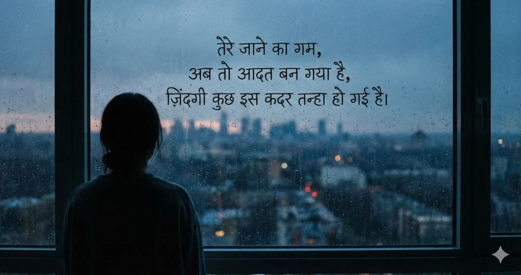 एक अकेला व्यक्ति बारिश वाली खिड़की से बाहर शहर को देख रहा है, जिस पर हिंदी में सैड शायरी लिखी है: 'तेरे जाने का गम, अब तो आदत बन गया है, ज़िंदगी कुछ इस कदर तन्हा हो गई है।'