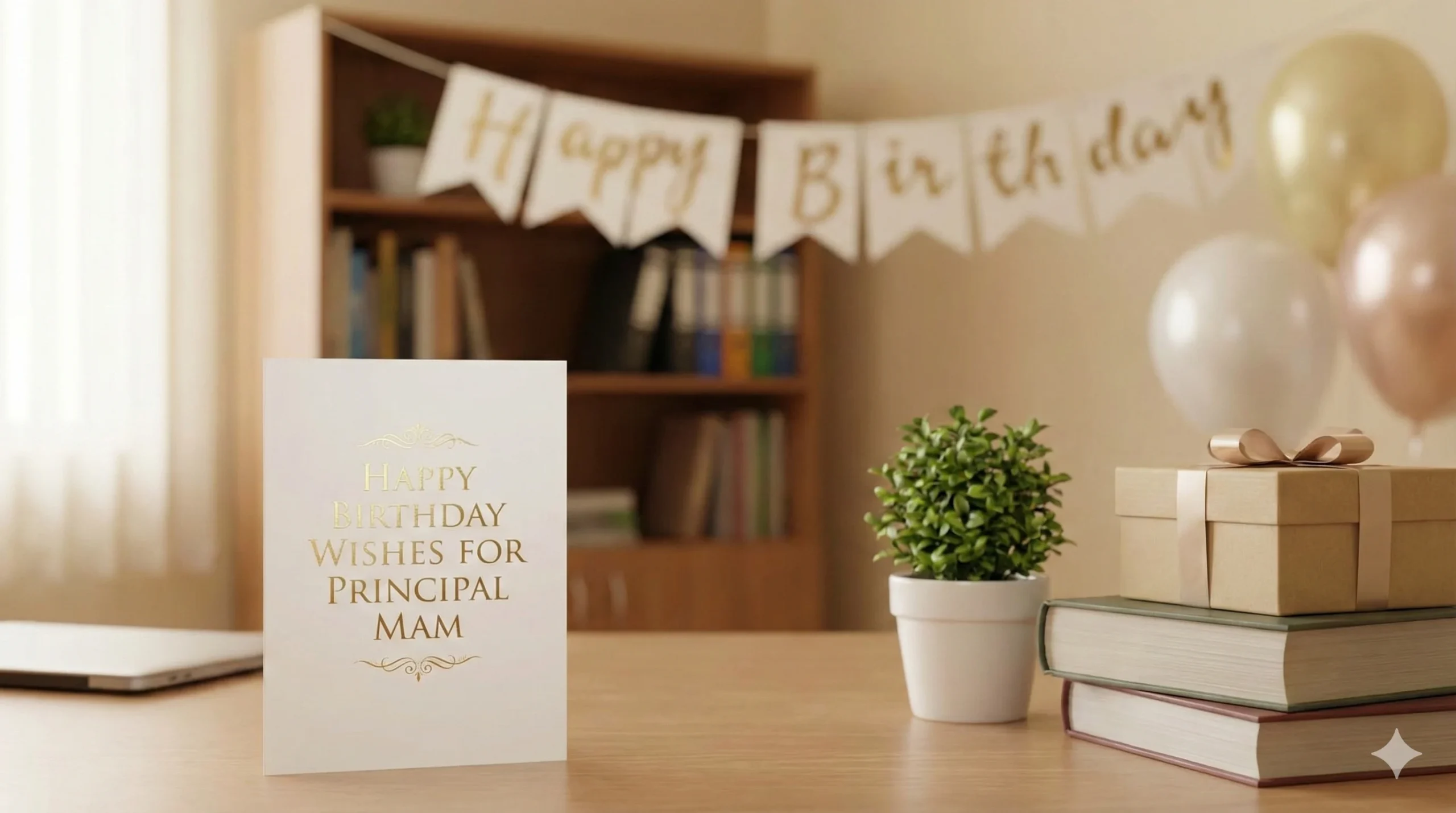 Happy Birthday wishes card on a wooden desk in a decorated office with balloons and gifts for a school principal.