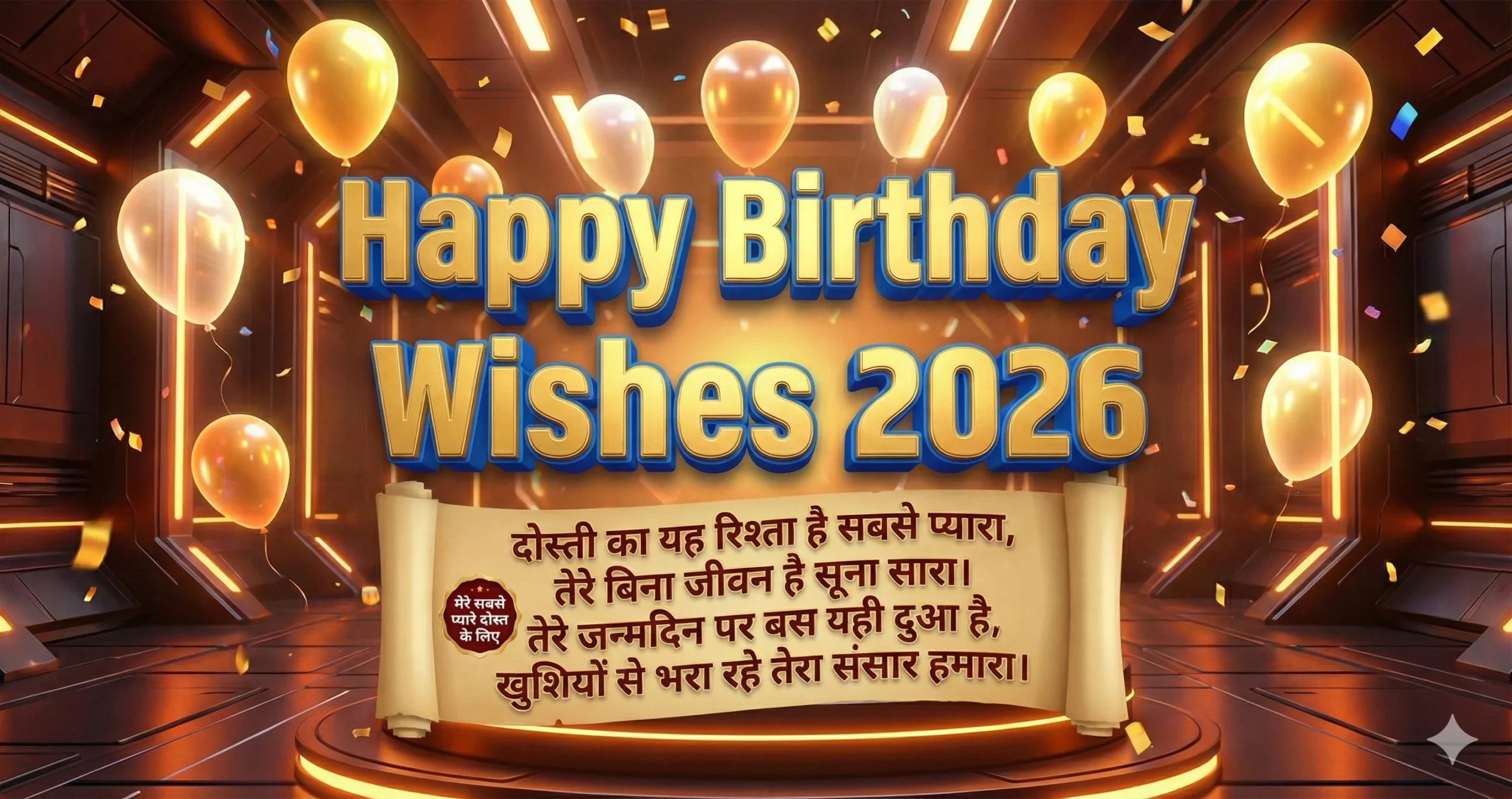 Happy Birthday Wishes 2026 text with Hindi shayari scroll for best friend, golden balloons, and confetti decoration.