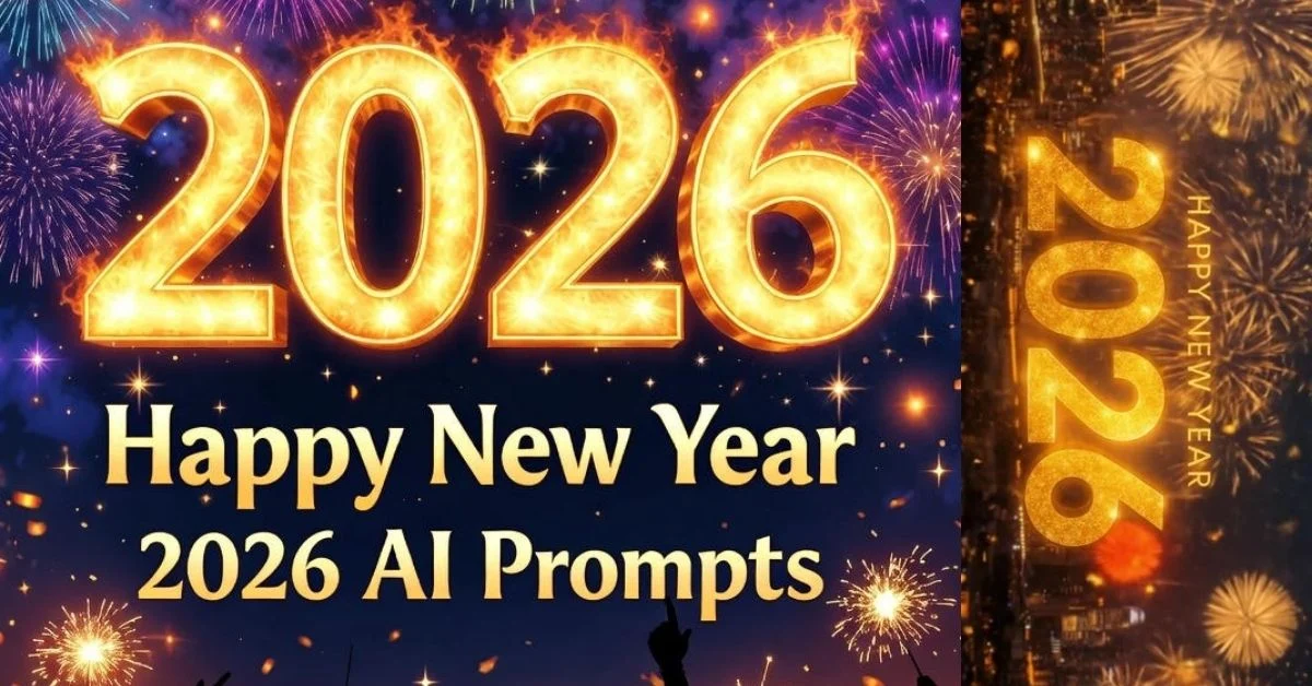 Happy New Year 2026 AI Prompts – Vibrant colorful fireworks exploding behind glowing golden 2026 numbers
